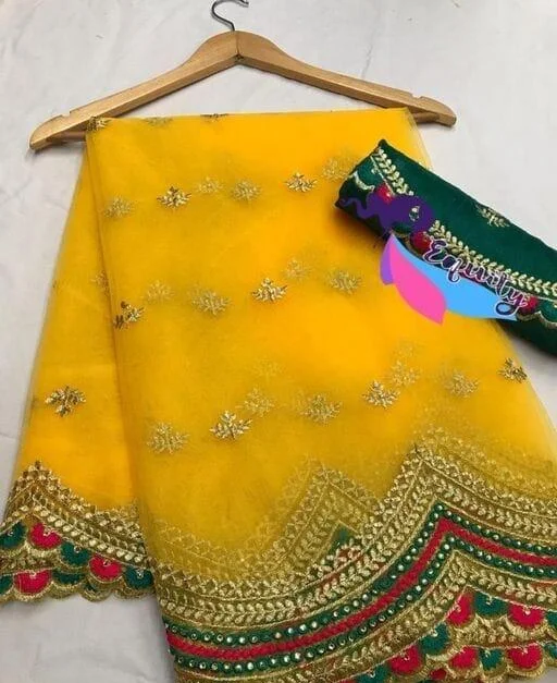 Ikat Net Embroidered Saree With Blouse - Image 2