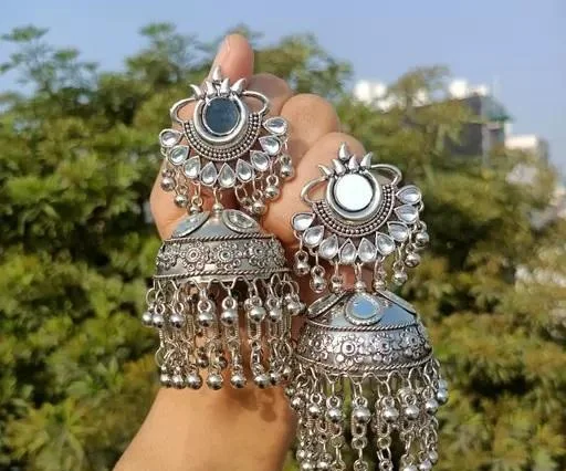 Samridhi Dc Stylish Mirror Work Jhumka Earrings Beautiful Silver Oxidise... (Temple Dance Jewellery) - Image 2
