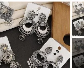 Combo 4 Pair New Latest Design Drop Dangles Hoop Jhumki Oxidised Silver ... (Temple Dance Jewellery)