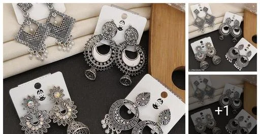 Combo 4 Pair New Latest Design Drop Dangles Hoop Jhumki Oxidised Silver ... (Temple Dance Jewellery)