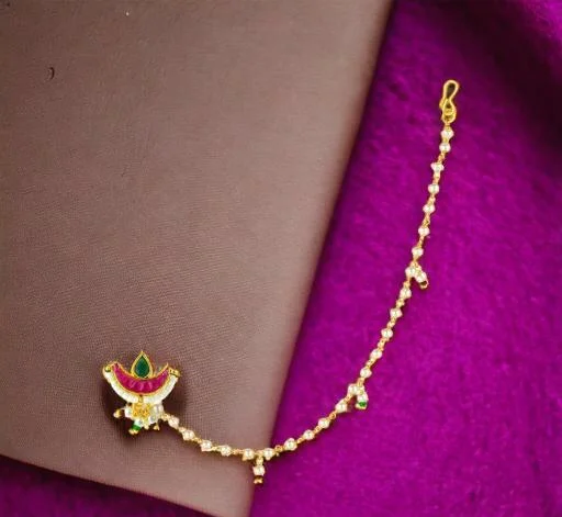 Kyoot Jewels Nath Gold Plated Nathiya Pearl Chain Non Pierced Clip On Be... (Temple Dance Jewellery) - Image 2