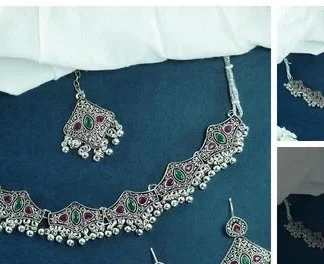 Multi Coloured Choker Maangtika Earrings (Temple Dance Jewellery)