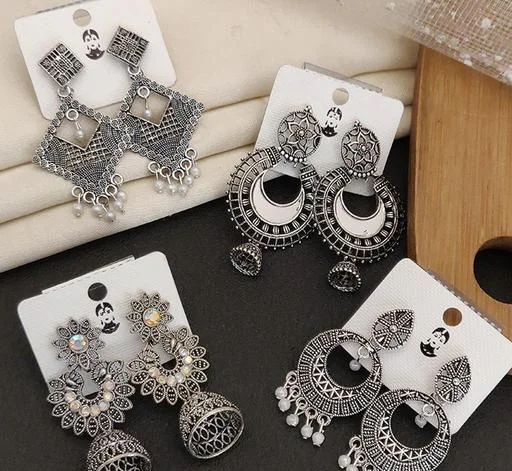 Combo 4 Pair New Latest Design Drop Dangles Hoop Jhumki Oxidised Silver ... (Temple Dance Jewellery) - Image 2