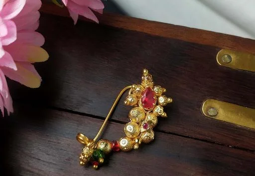 Kyoot Jewels Marathi Nathiya Gold Plated Pearl Nose Pin Maharashtrian Nath (Temple Dance Jewellery) - Image 2