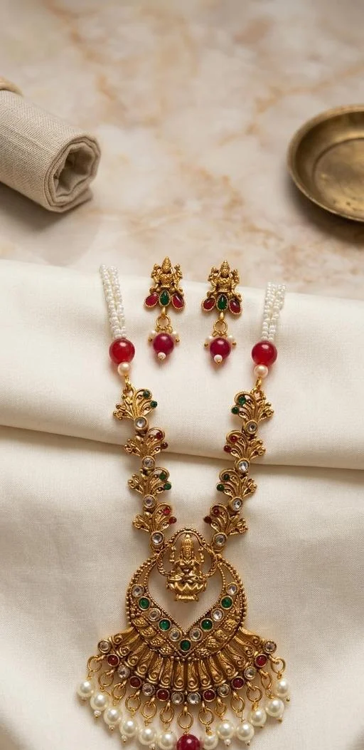 Antique Matte Gold Long Necklace Goddess Lakshmi Pendant Multi Layer Pea... (Temple Dance Jewellery) - Image 2