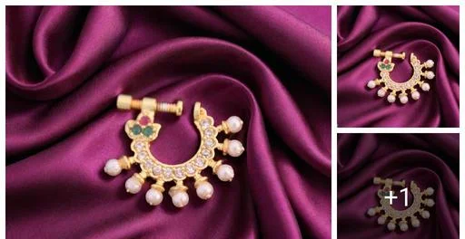 Gold Plated Cz Stone Studded Nose Ring Nose Pin Nath Screw Type Model Pi... (Temple Dance Jewellery)