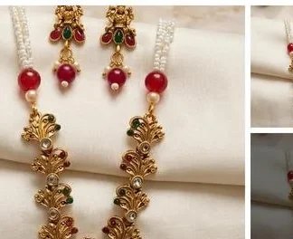 Antique Matte Gold Long Necklace Goddess Lakshmi Pendant Multi Layer Pea... (Temple Dance Jewellery)
