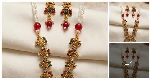 Antique Matte Gold Long Necklace Goddess Lakshmi Pendant Multi Layer Pea... (Temple Dance Jewellery)