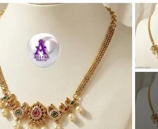 Beautiful Necklace Avirah Pearls Designer Fancy Cz Short Necklace Matte ... (Temple Dance Jewellery)