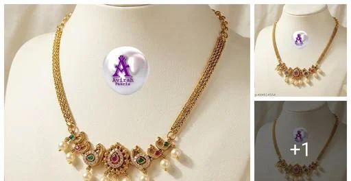 Beautiful Necklace Avirah Pearls Designer Fancy Cz Short Necklace Matte ... (Temple Dance Jewellery)
