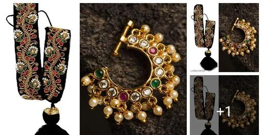 Trendy Poola Jada Jadalu Choti Hair Extensions Nose Pin Nathuni Combo (Temple Dance Jewellery)