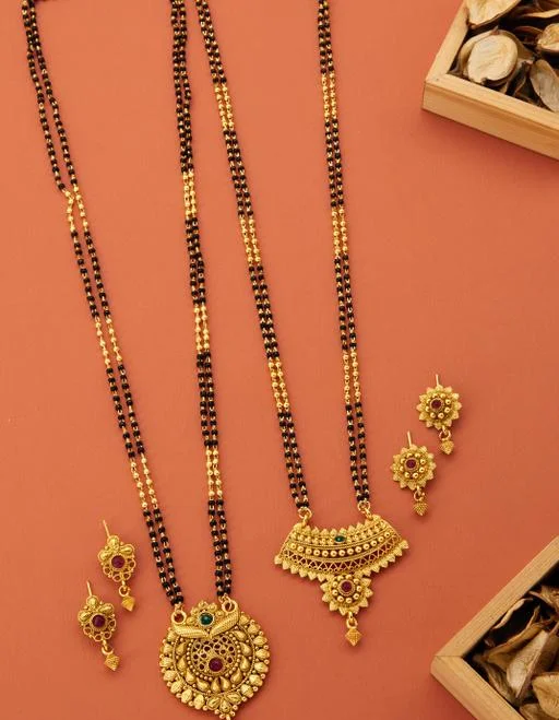 Verent Traditional Gold Plated Black Beads Two 24 Inch Mangalsutra Earri... (Temple Dance Jewellery) - Image 2