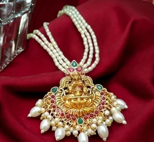 One Gram Gold 3d Lakshmi Locket White Pearl Chain (Temple Dance Jewellery) - Image 2