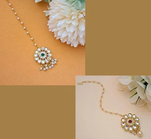 Remcart Gold Plated Traditional Crystal Kundan Matha Pattimaang Tikka Se... (Temple Dance Jewellery) - Image 2