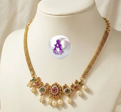Beautiful Necklace Avirah Pearls Designer Fancy Cz Short Necklace Matte ... (Temple Dance Jewellery) - Image 2