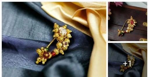Kyoot Jewels Marathi Nathiya Gold Plated Pearl Nose Pin Maharashtrian Nath (Temple Dance Jewellery)