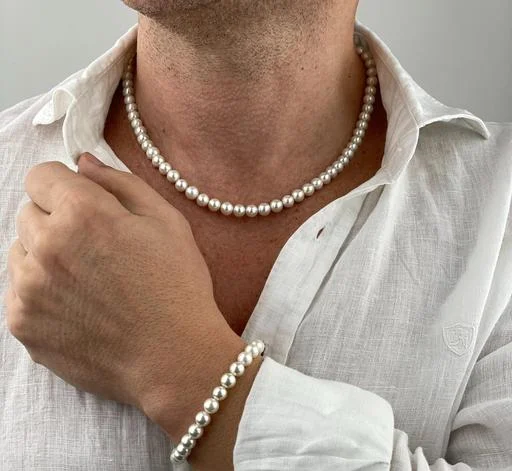 Sugara Enterprise 8 Mm Pearl Jewelry Set Men Mens Necklace Bracelet Set ... (Temple Dance Jewellery) - Image 2