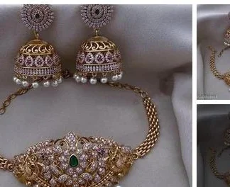 Premium Quality Cz Matte Finish Ad Stone Choker Jeweller Set Earrings (Temple Dance Jewellery)