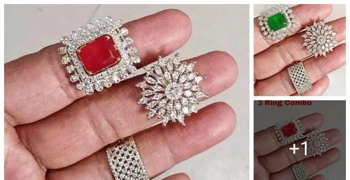 Premium Silver Finish American Diamand Square Shape Cocktail Ring Sparkl... (Temple Dance Jewellery)
