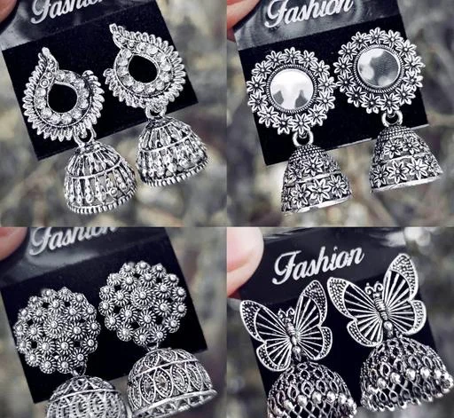 Latest Designer Jhumki Silver Earrings Set Combo 4 (Temple Dance Jewellery) - Image 2