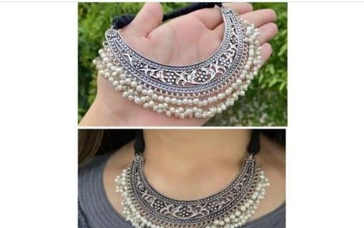 Beautiful Silver Oxidised Pearl Chokar Necklace (Temple Dance Jewellery) - Image 2
