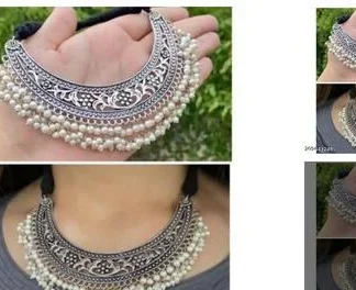 Beautiful Silver Oxidised Pearl Chokar Necklace (Temple Dance Jewellery)