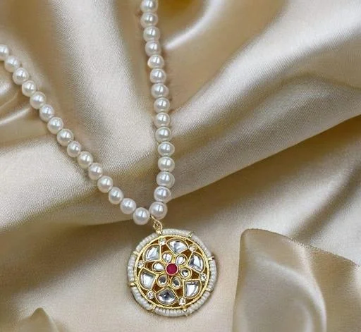 Gold Plated Premium Quality Kundan Meena Polki Pendant Pearl Mala (Neckl... (Temple Dance Jewellery) - Image 2