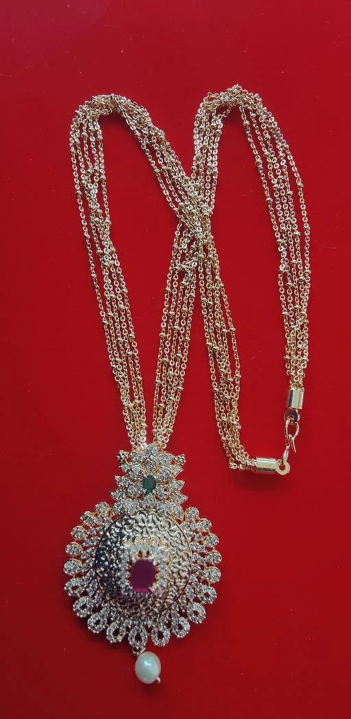 One Gram Gold Microplated Cz Pendant Five Line Chain (Temple Dance Jewellery) - Image 2