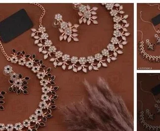Jewellery Set Rose Gold Brass Stone Stainless Steel Gold Plated Rose Gol... (Temple Dance Jewellery)