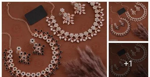 Jewellery Set Rose Gold Brass Stone Stainless Steel Gold Plated Rose Gol... (Temple Dance Jewellery)