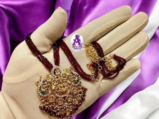 Avirah Pearls Designer 02mm Marron Hydro Crystal Asta Laxmi Cz Pendant (Temple Dance Jewellery) - Image 2