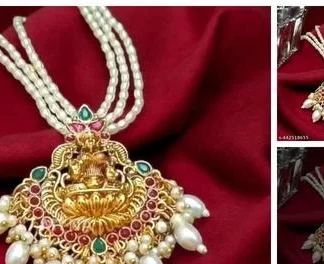 One Gram Gold 3d Lakshmi Locket White Pearl Chain (Temple Dance Jewellery)