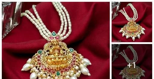 One Gram Gold 3d Lakshmi Locket White Pearl Chain (Temple Dance Jewellery)