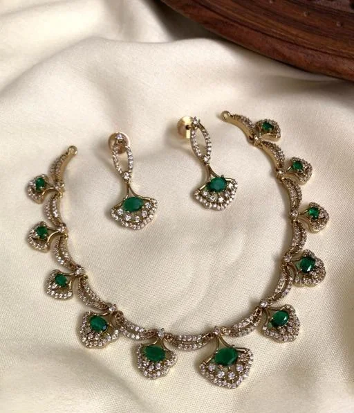 Emerald Char Drop Necklace Set Green Stones White Stones Premium Quality... (Temple Dance Jewellery) - Image 2