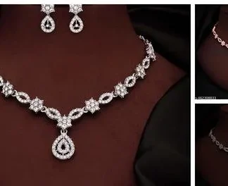 Silver Plated Necklace Set American Diamond (Temple Dance Jewellery)