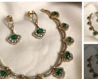 Emerald Char Drop Necklace Set Green Stones White Stones Premium Quality... (Temple Dance Jewellery)