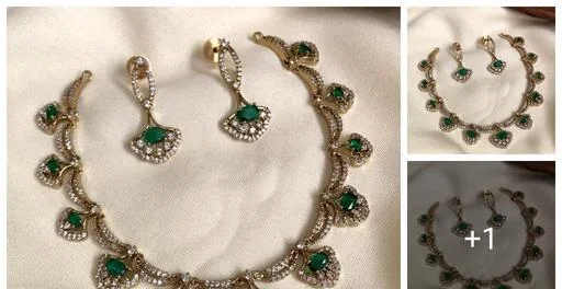 Emerald Char Drop Necklace Set Green Stones White Stones Premium Quality... (Temple Dance Jewellery)