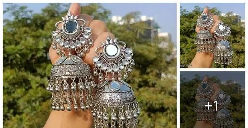 Samridhi Dc Stylish Mirror Work Jhumka Earrings Beautiful Silver Oxidise... (Temple Dance Jewellery)