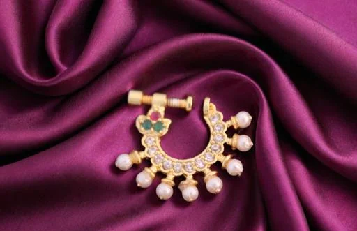 Gold Plated Cz Stone Studded Nose Ring Nose Pin Nath Screw Type Model Pi... (Temple Dance Jewellery) - Image 2
