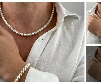 Sugara Enterprise 8 Mm Pearl Jewelry Set Men Mens Necklace Bracelet Set ... (Temple Dance Jewellery)