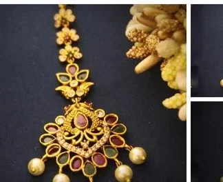 Allure Charming Maangtika Shimmering Chunky Mangtika Gold Plated Papita ... (Temple Dance Jewellery)
