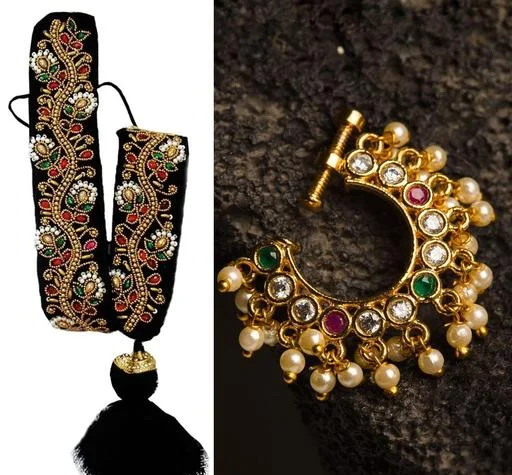 Trendy Poola Jada Jadalu Choti Hair Extensions Nose Pin Nathuni Combo (Temple Dance Jewellery) - Image 2